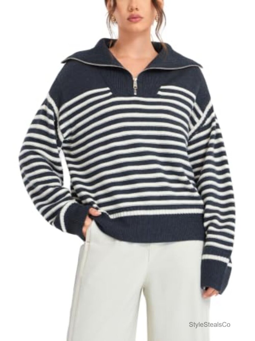 Wool Blend Quarter Zip Sweater Womens Striped Collared Knit Pullover
